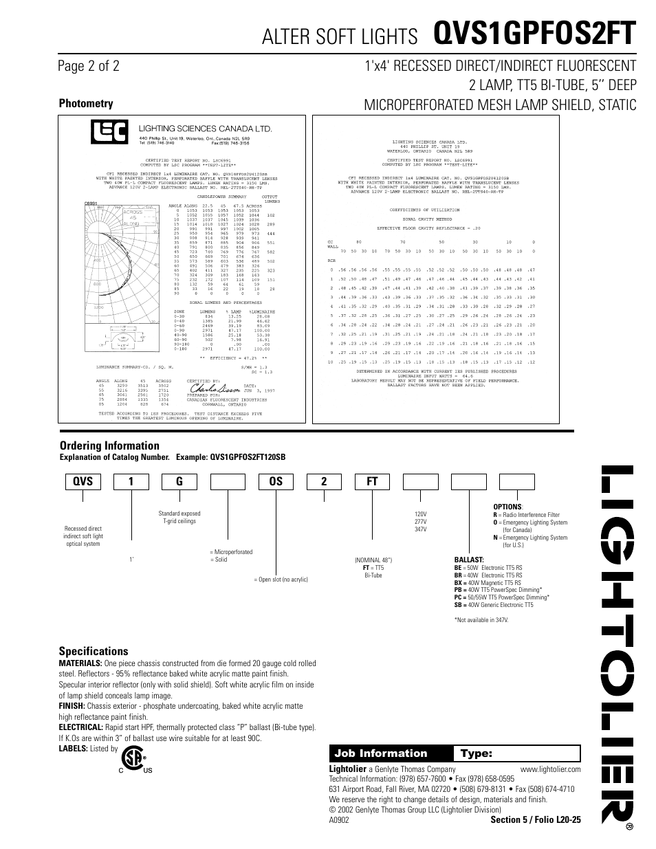 Qvs1gpfos2ft, Alter soft lights, Specifications | Photometry ordering information, Qvs 1 g os 2 ft | Lightolier Alter Soft Lights QVS1GPFOS2FT User Manual | Page 2 / 2