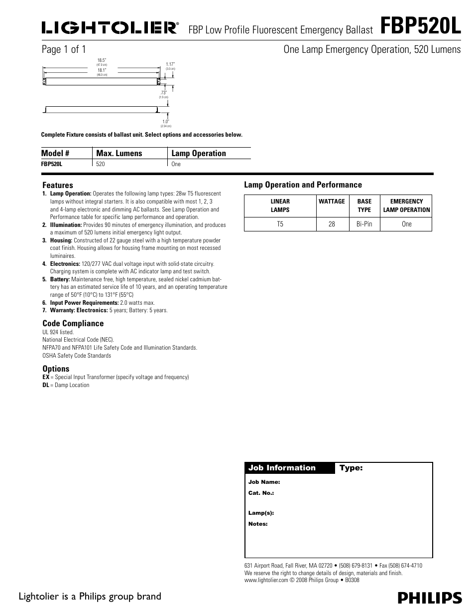 Lightolier FBP Low Profile Fluorescent Emergency Ballast FBP520L User Manual | 1 page