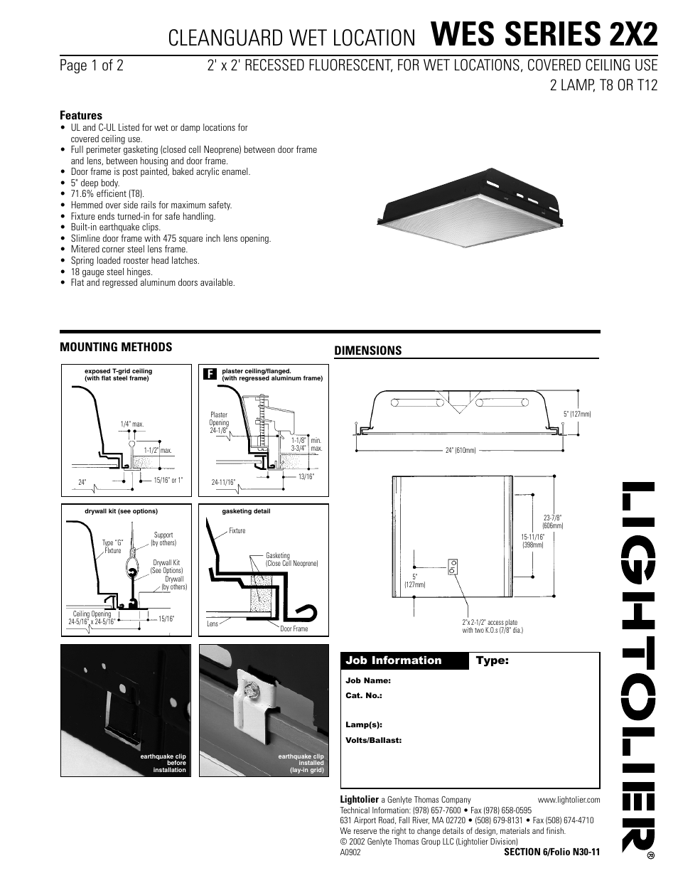 Lightolier Cleanguard Wet Location WES Series 2X2 User Manual | 2 pages