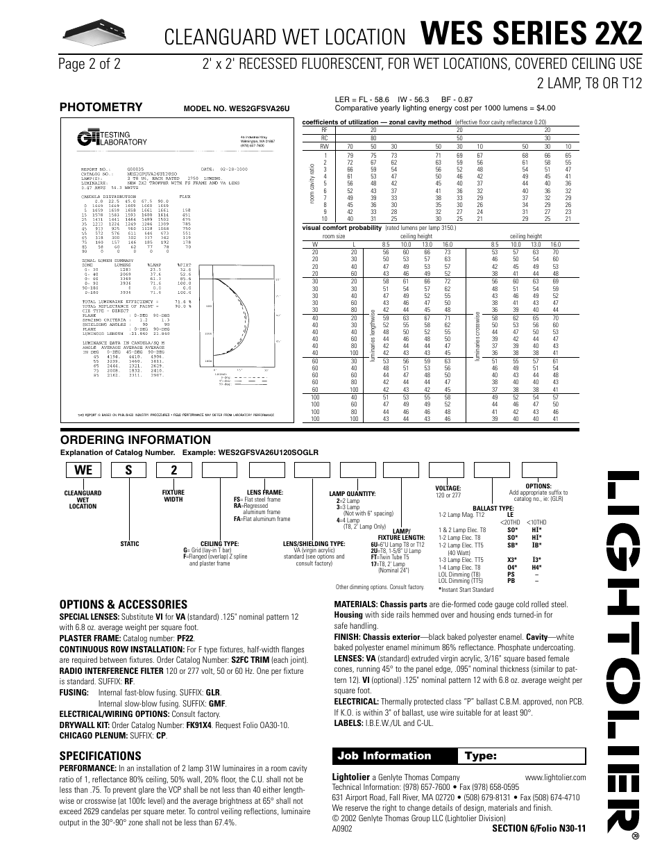 Wes series 2x2, Cleanguard wet location, Options & accessories | Specifications, Photometry, Ordering information, Job information type, Lightolier | Lightolier Cleanguard Wet Location WES Series 2X2 User Manual | Page 2 / 2