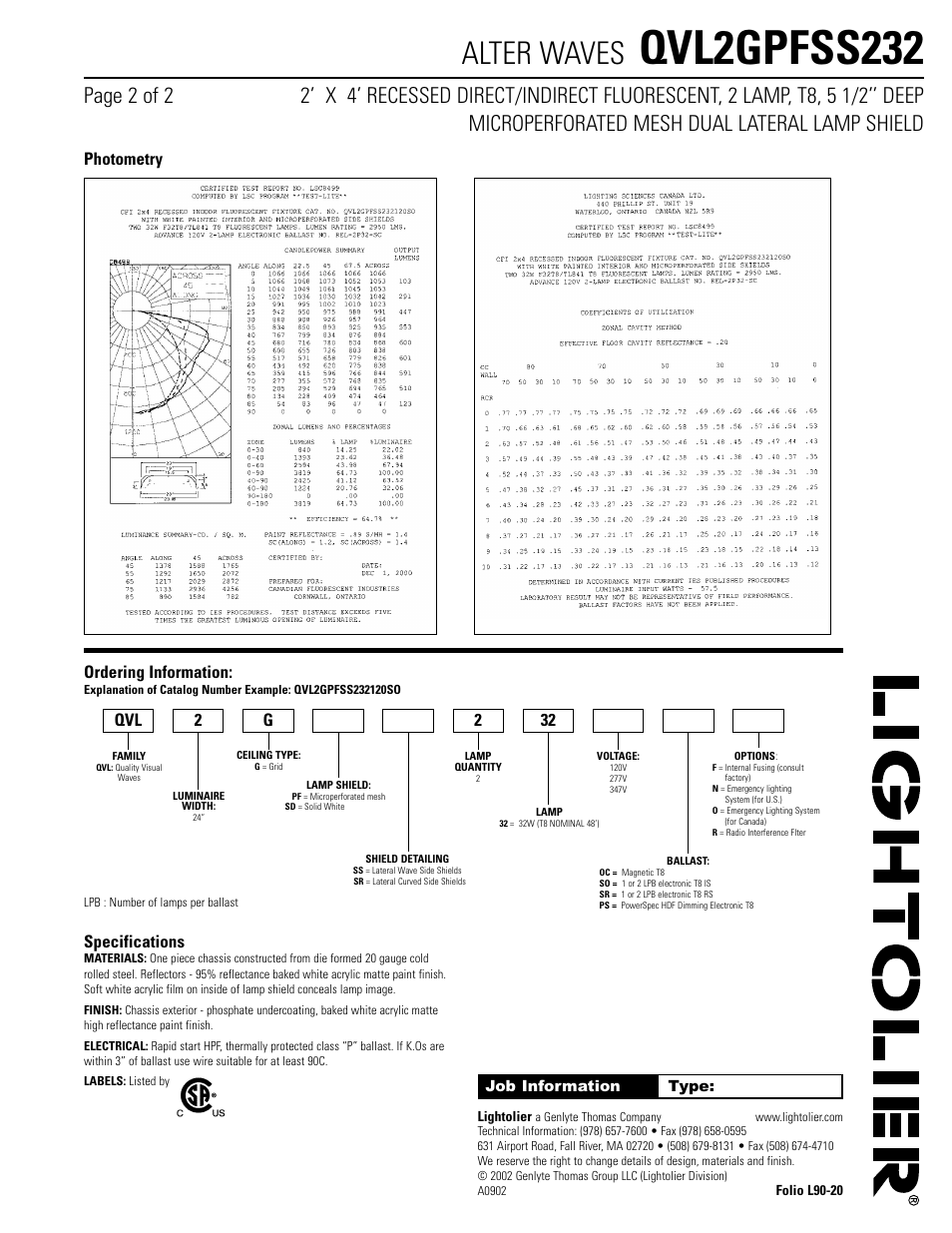 Qvl2gpfss232, Alter waves, Ordering information | Specifications, Photometry qvl 2 g 2 32 | Lightolier ALTER WAVES QVL2GPFSS232 User Manual | Page 2 / 2