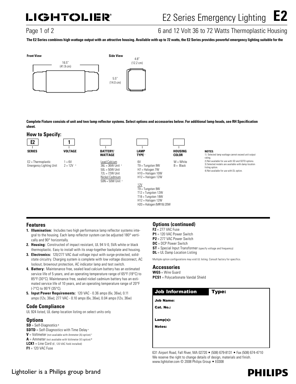 Lightolier Emergency Lighting E2 Series User Manual | 2 pages