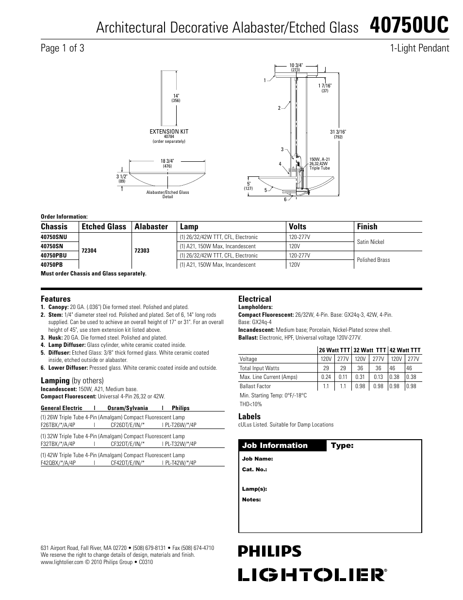 Lightolier Architectural Decorative Etched Glass 40750UC User Manual | 3 pages