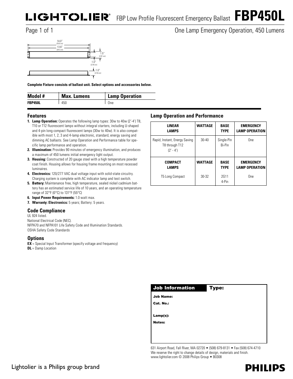 Lightolier FBP Low Profile Fluorescent Emergency Ballast FBP450L User Manual | 1 page