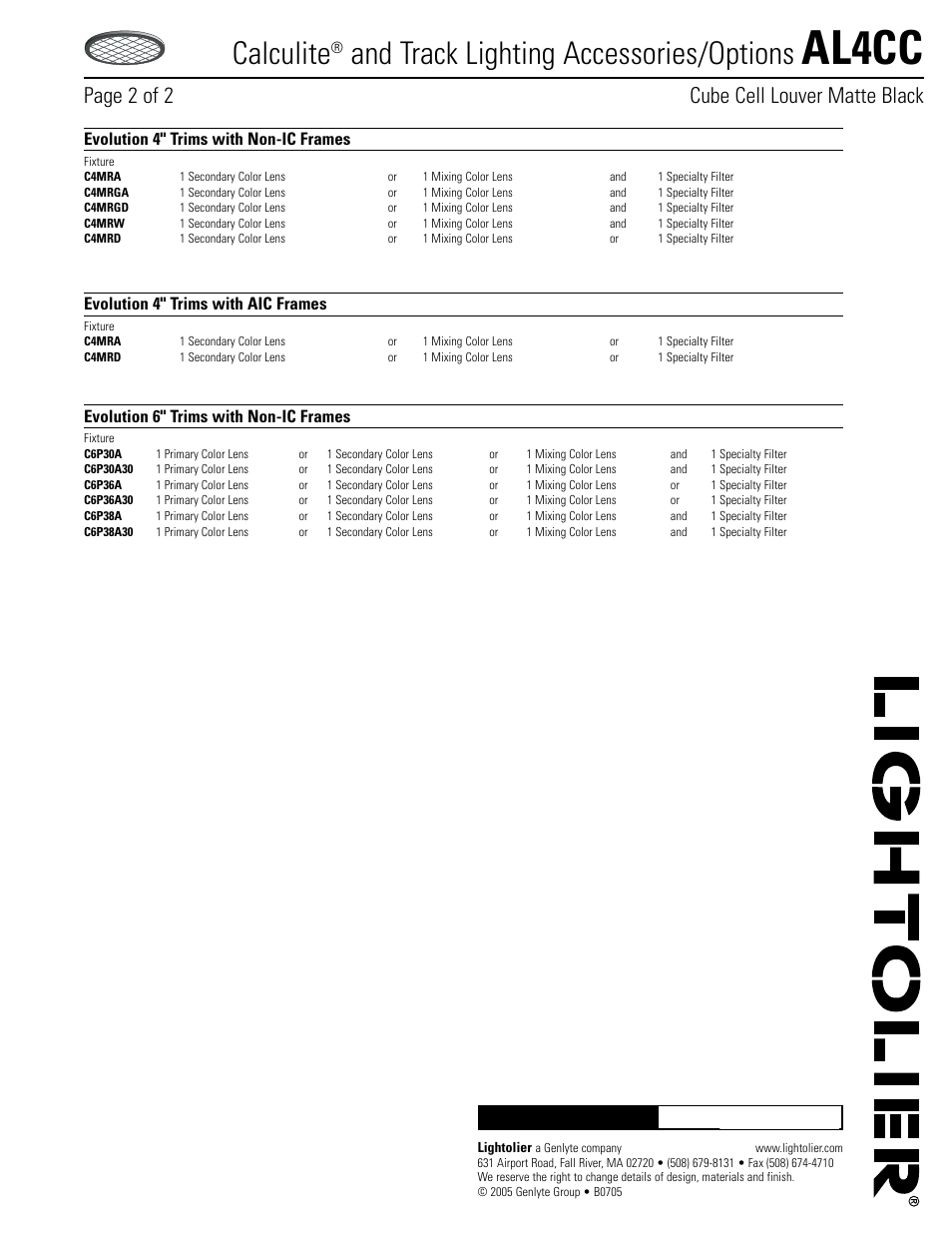 Al4cc, Calculite, And track lighting accessories/options | Page 2 of 2 cube cell louver matte black, Evolution 4" trims with non-ic frames, Evolution 6" trims with non-ic frames, Evolution 4" trims with aic frames | Lightolier AL4CC User Manual | Page 2 / 2