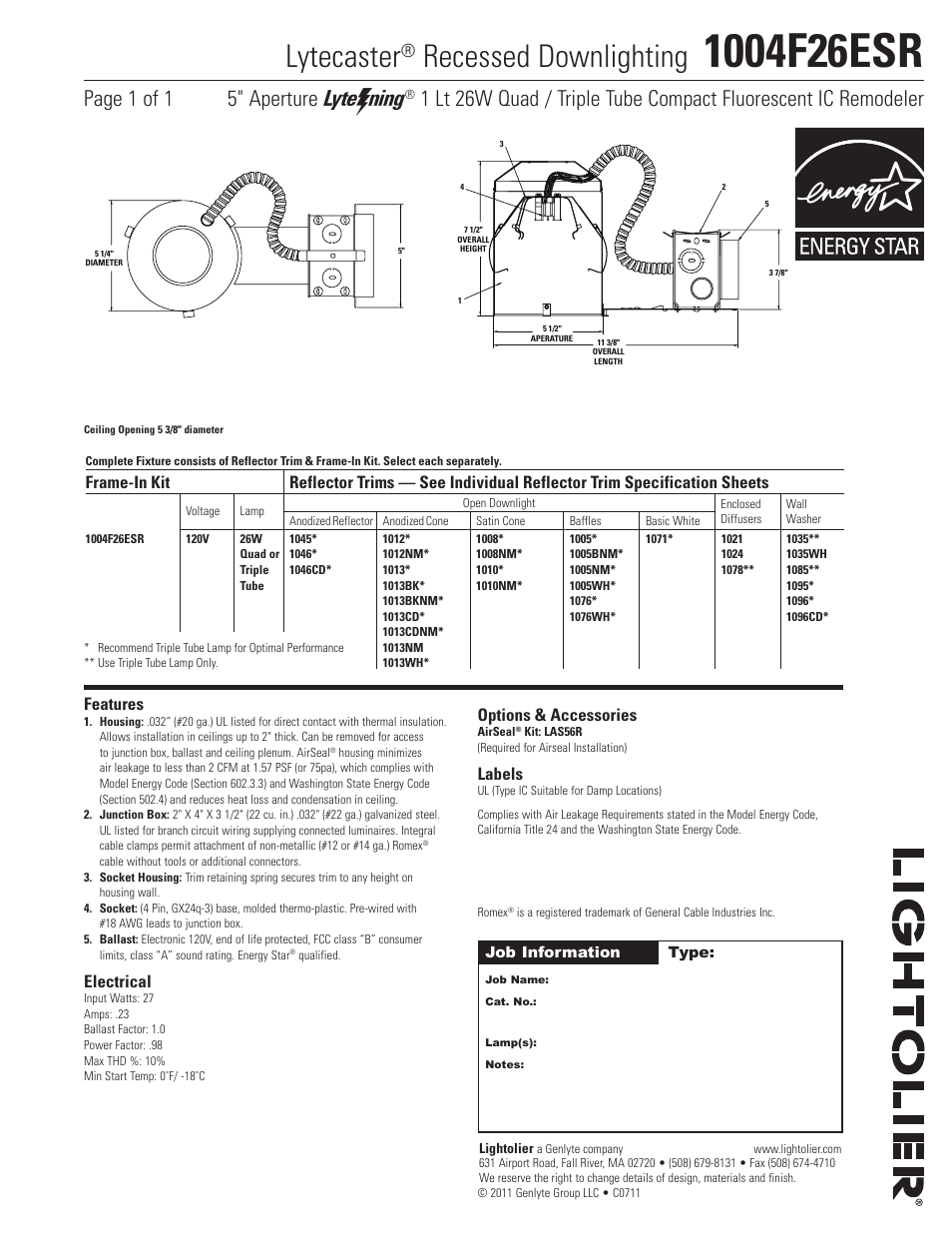 Lightolier 1004F26ESR User Manual | 1 page