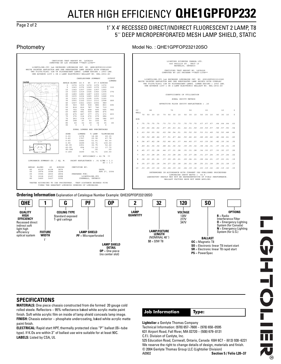 Qhe1gpfop232, Qva2gsdos2ft, Alter high efficiency | Specifications, Photometry | Lightolier Alter High Efficiency QHE1GPFOP232 User Manual | Page 2 / 2