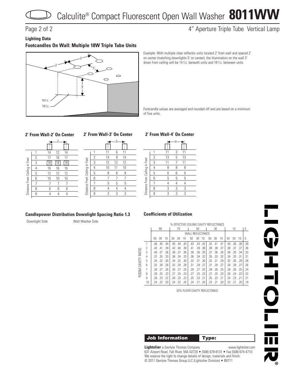 8011ww, Calculite, Compact fluorescent open wall washer | Page 2 of 2 4” aperture triple tube vertical lamp | Lightolier 8011WW User Manual | Page 2 / 2