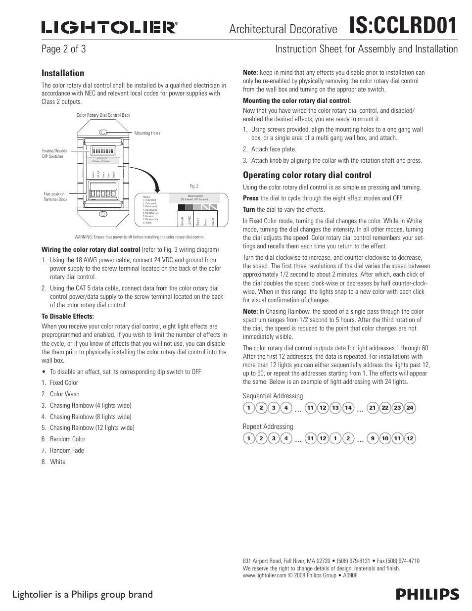 Is:cclrd01, Architectural decorative, Installation | Operating color rotary dial control | Lightolier Architectural Decorative CCLRD01 User Manual | Page 2 / 3