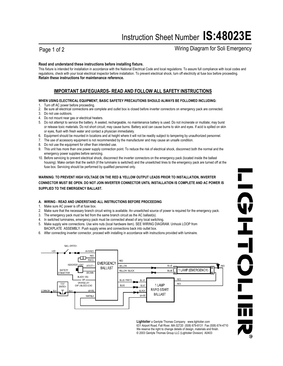 Lightolier Wiring Diagram for Soli Emergency 48023E User Manual | 2 pages