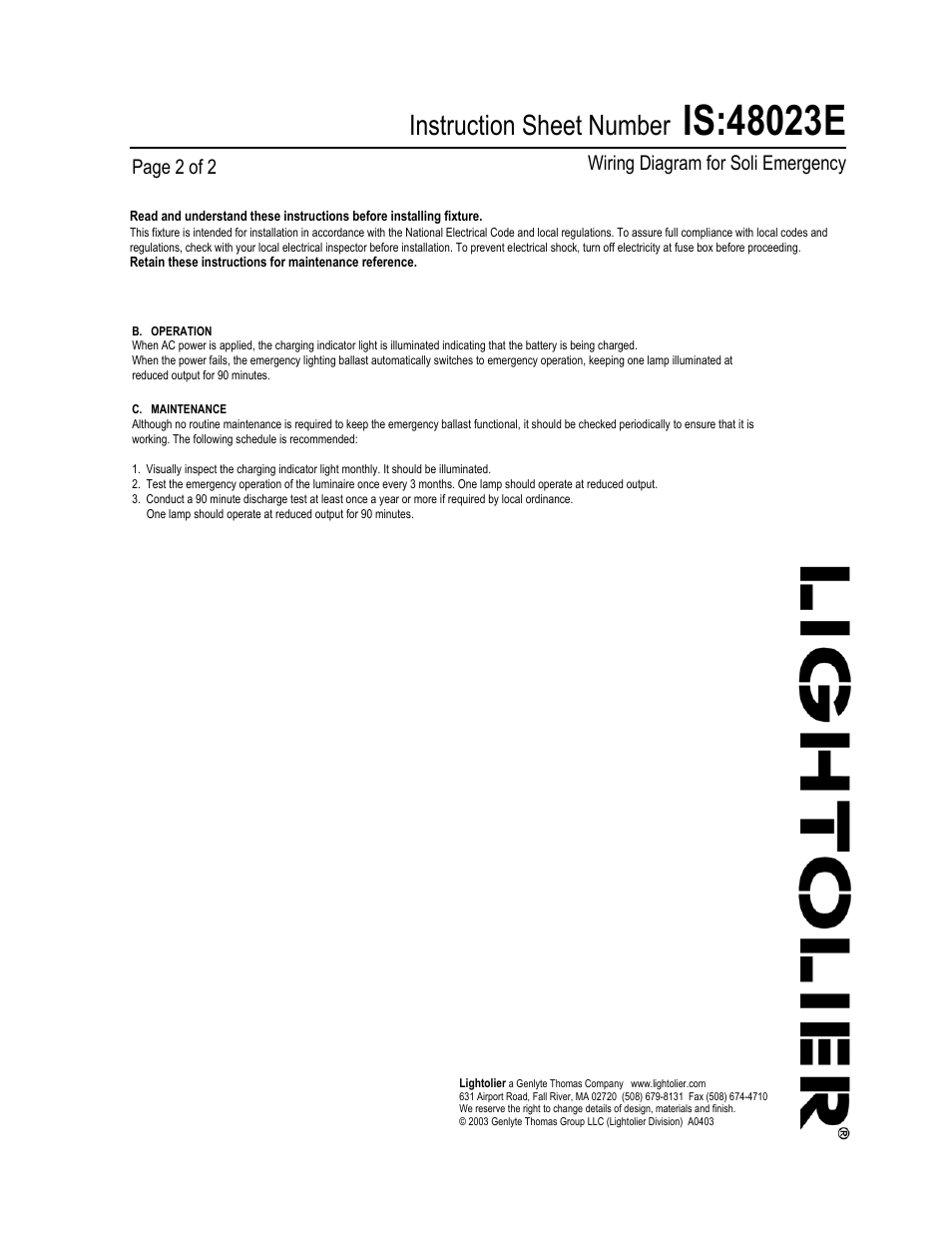 Instruction sheet number, Wiring diagram for soli emergency, Page 2 of 2 | Lightolier Wiring Diagram for Soli Emergency 48023E User Manual | Page 2 / 2