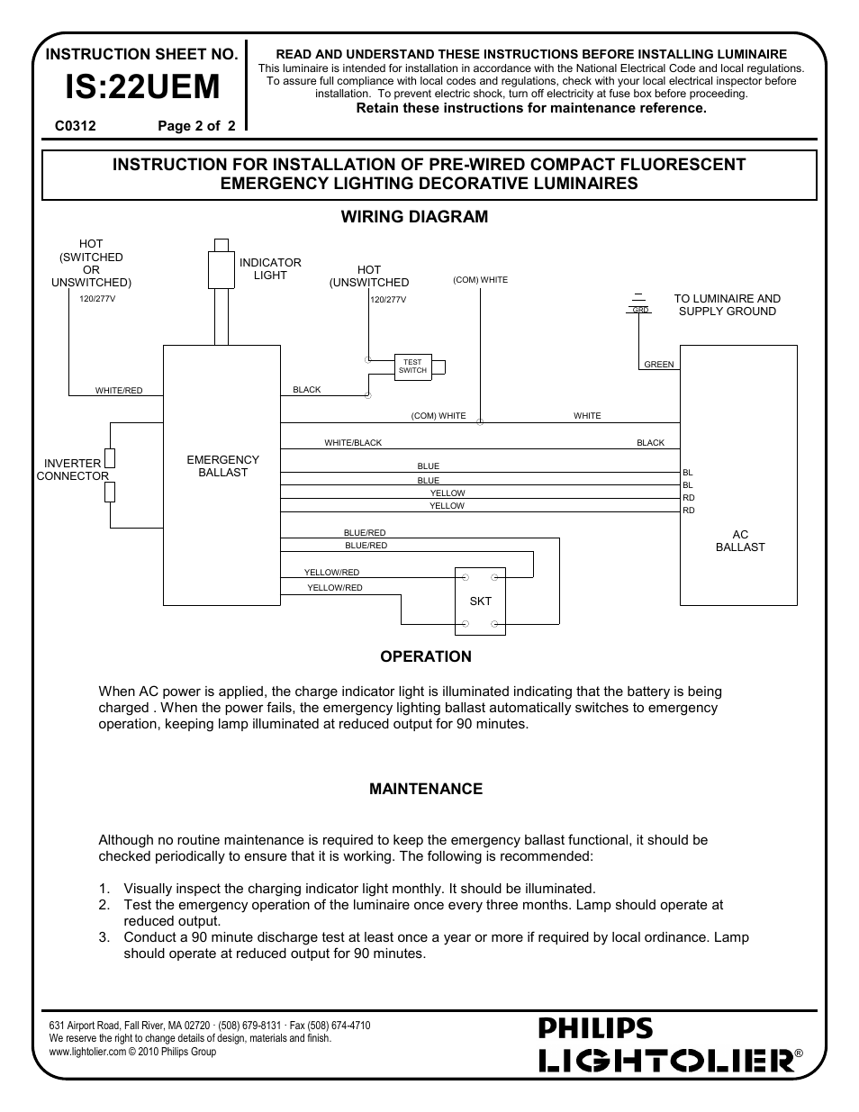 Is:22uem, Wiring diagram, Instruction sheet no | Operation, Maintenance | Lightolier A1202 User Manual | Page 2 / 2