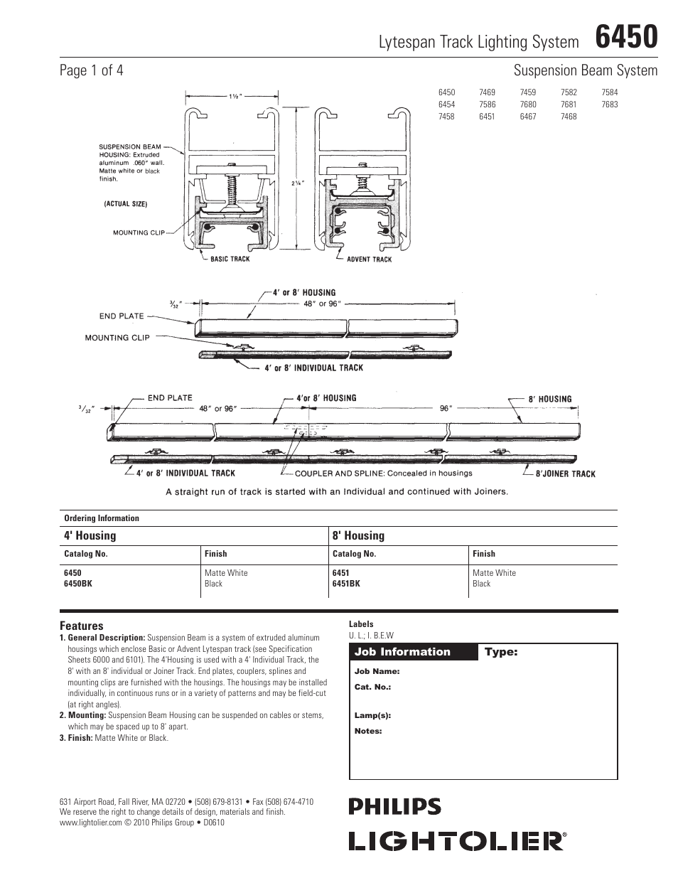 Lightolier Lytespan Track Lighting System 6450 User Manual | 4 pages