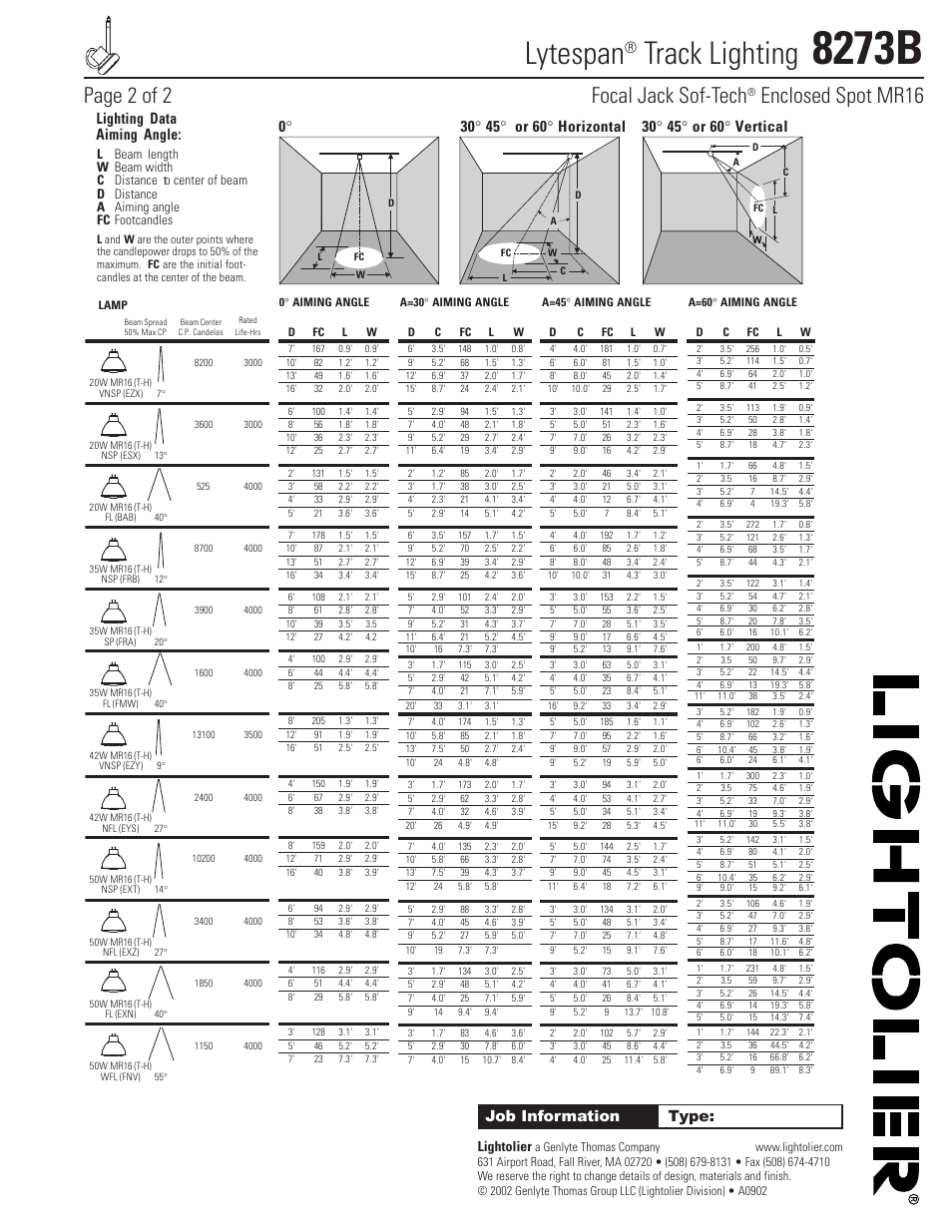 8273b, Lytespan, Track lighting | Page 2 of 2 focal jack sof-tech, Enclosed spot mr16, Lighting data, Job information type, Lightolier | Lightolier 8273B User Manual | Page 2 / 2
