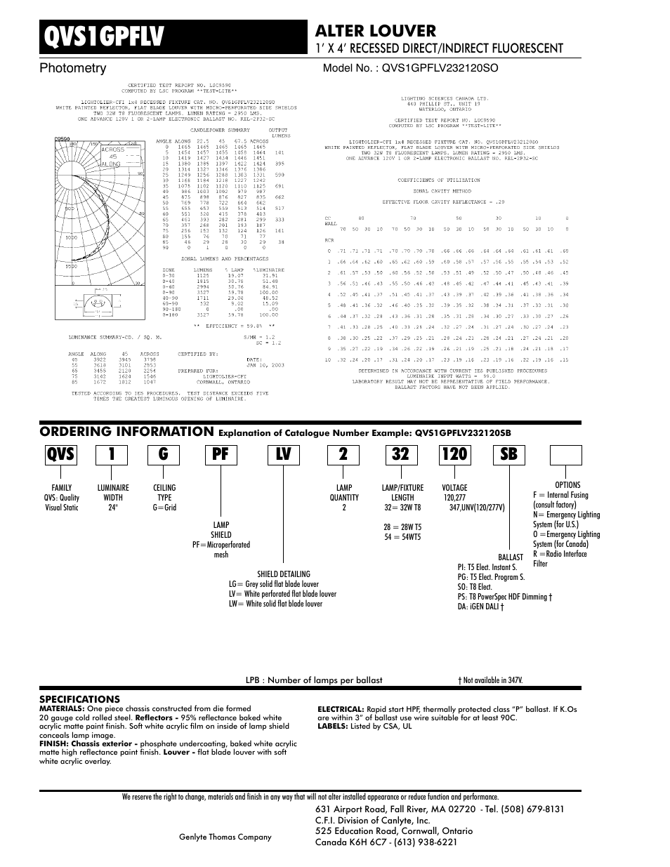 Qvs1gpflv, Lv 2 32, Alter louver | Ordering information, 1’ x 4’ recessed direct/indirect fluorescent, Photometry | Lightolier Alter Louver QVS1GPFLV User Manual | Page 2 / 2