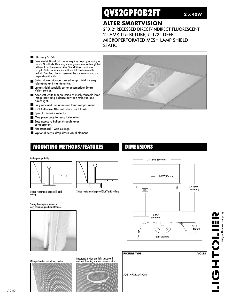 Lightolier Alter Smart Vision QVS2GPFOB2FT User Manual | 2 pages