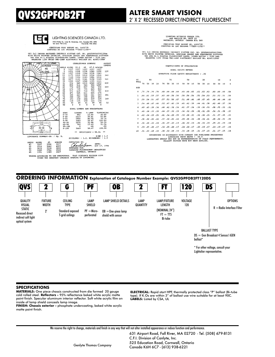 Qvs2gpfob2ft, Ob 2 ft, Alter smart vision | Ordering information, 2’ x 2’ recessed direct/indirect fluorescent | Lightolier Alter Smart Vision QVS2GPFOB2FT User Manual | Page 2 / 2
