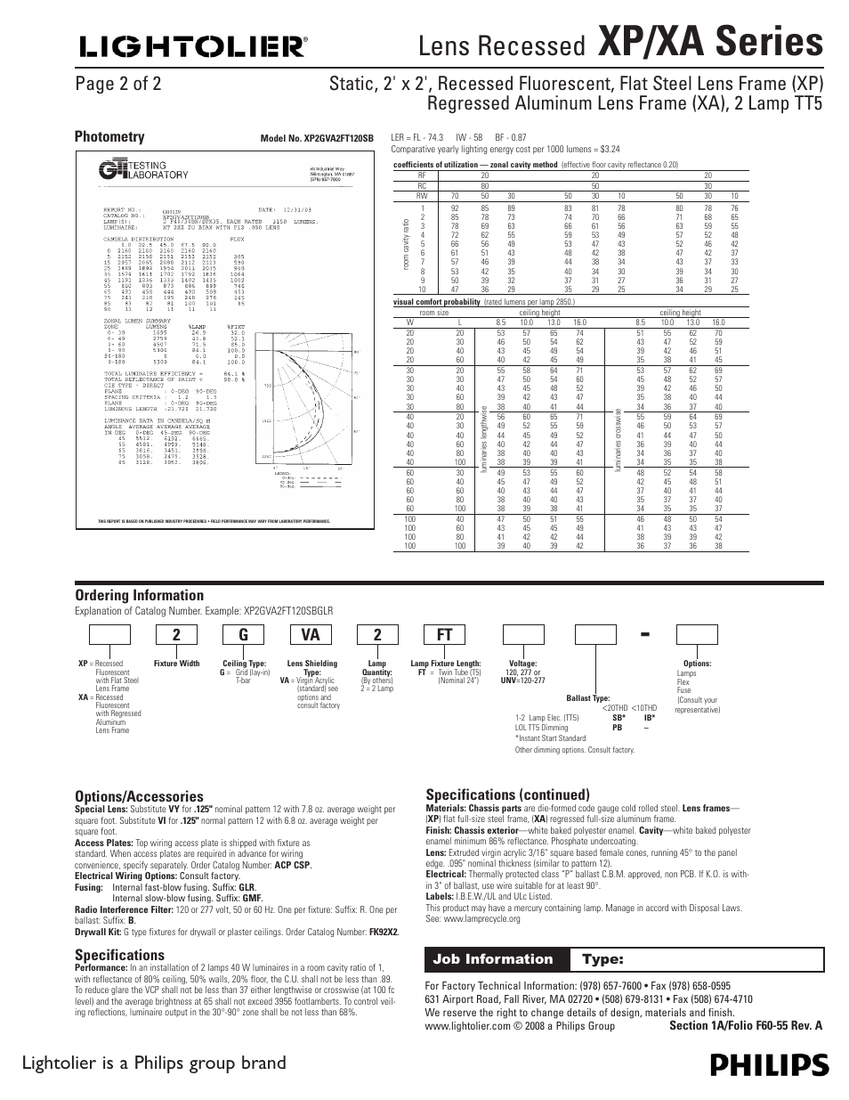 Xp/xa series, Lens recessed, Lightolier is a philips group brand | G2 ft va 2, Ordering information, Options/accessories, Specifications, Specifications (continued), Photometry, Job information type | Lightolier XA Series User Manual | Page 2 / 2