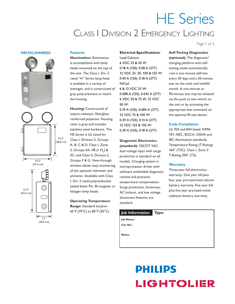 Lightolier Emergency Lighting HE Series User Manual | 2 pages