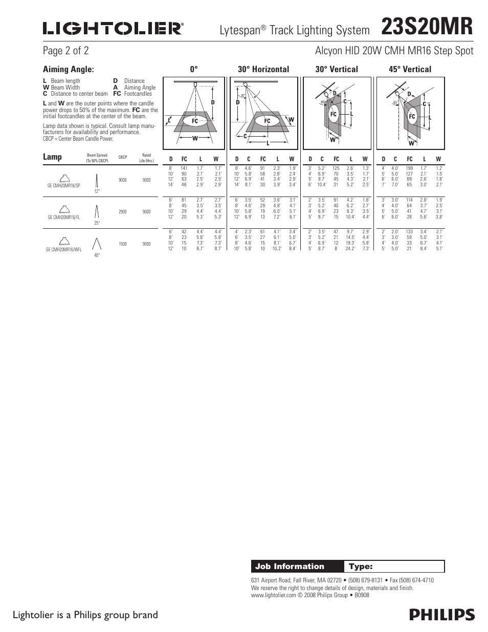 23s20mr, Lytespan, Track lighting system | Lightolier is a philips group brand, Lamp, Job information type | Lightolier 23S20MR User Manual | Page 2 / 2