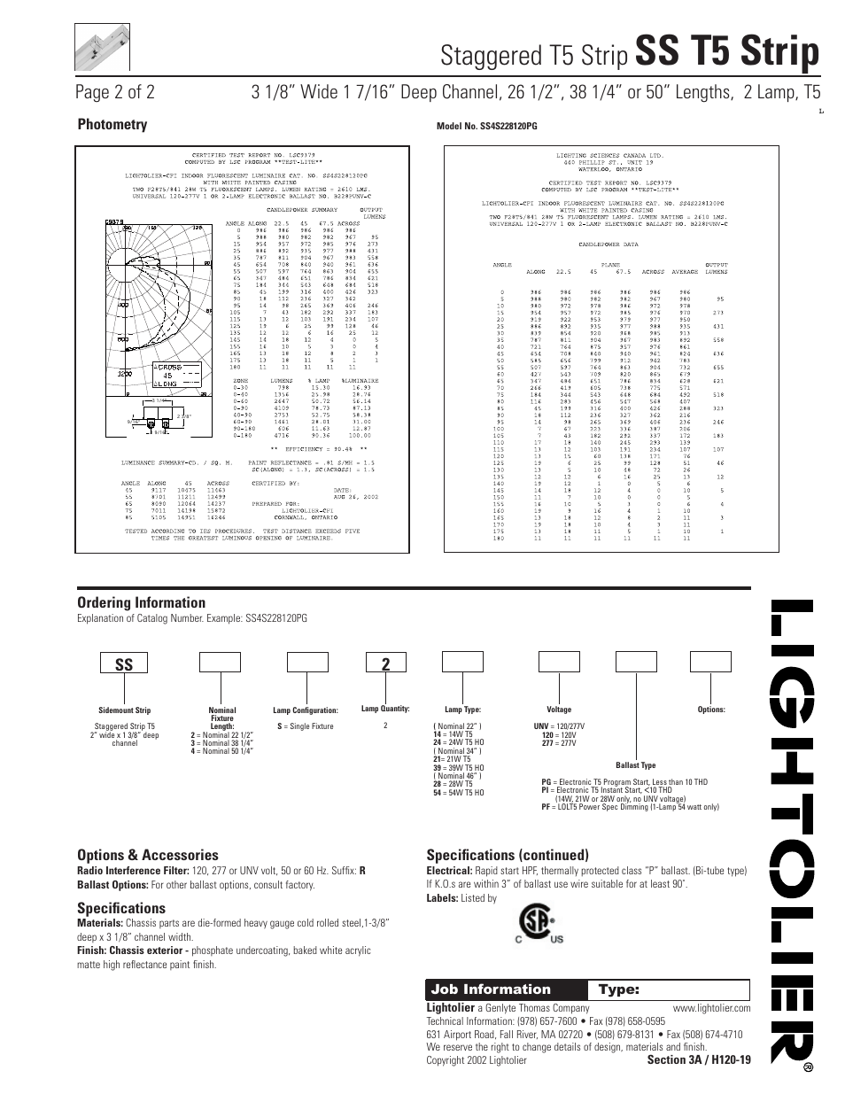 Ss t5 strip, Staggered t5 strip, Ordering information | Options & accessories, Specifications, Specifications (continued), Photometry | Lightolier Staggered T5 Strip SS T5 Strip User Manual | Page 2 / 2