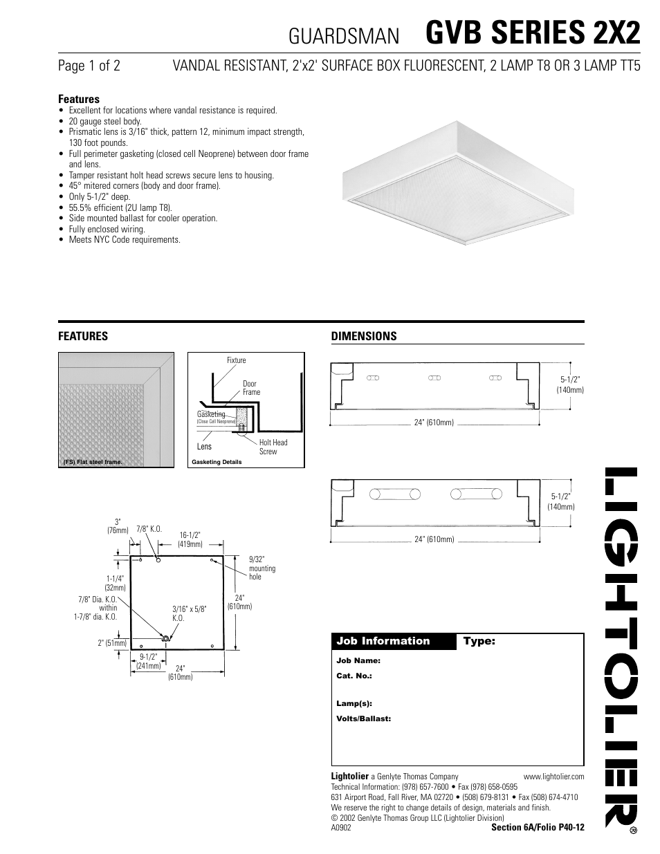 Lightolier Guardsman GVB Series 2X2 User Manual | 2 pages