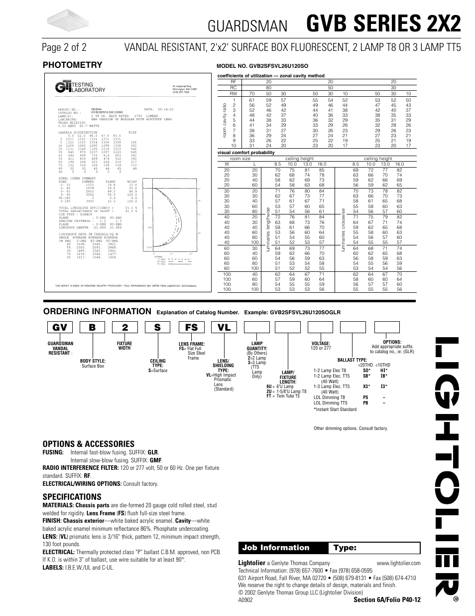 Gvb series 2x2, Guardsman, Options & accessories | Specifications, Photometry, Ordering information, Job information type, Lightolier | Lightolier Guardsman GVB Series 2X2 User Manual | Page 2 / 2