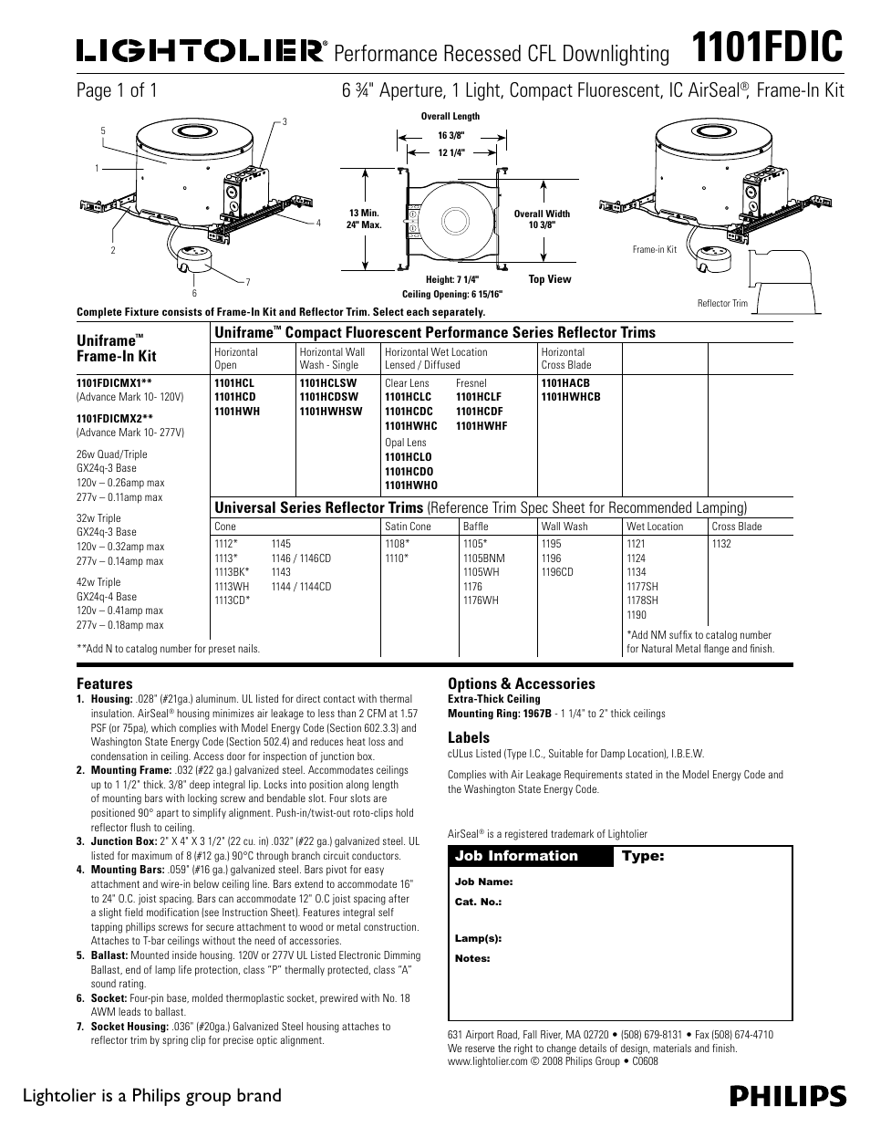 Lightolier 1101FDIC User Manual | 1 page