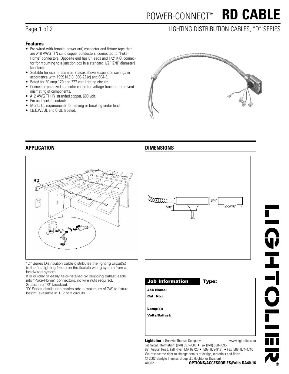 Lightolier Power Connect RD Cable User Manual | 2 pages