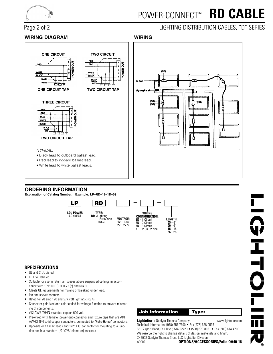 Rd cable, Power-connect, Rd lp | Lightolier Power Connect RD Cable User Manual | Page 2 / 2