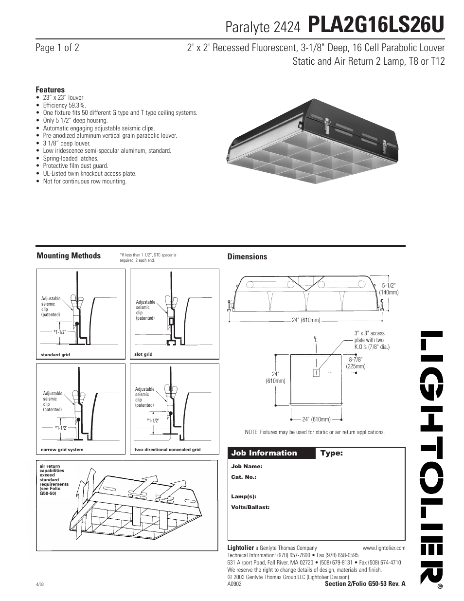 Lightolier Paralyte 2424 PLA2G16LS26U User Manual | 2 pages