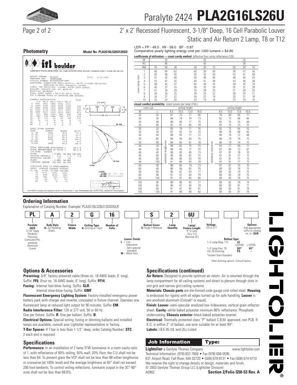 Paralyte 2424, Options & accessories, Specifications | Specifications (continued), Photometry, Ordering information, Job information type, Lightolier | Lightolier Paralyte 2424 PLA2G16LS26U User Manual | Page 2 / 2