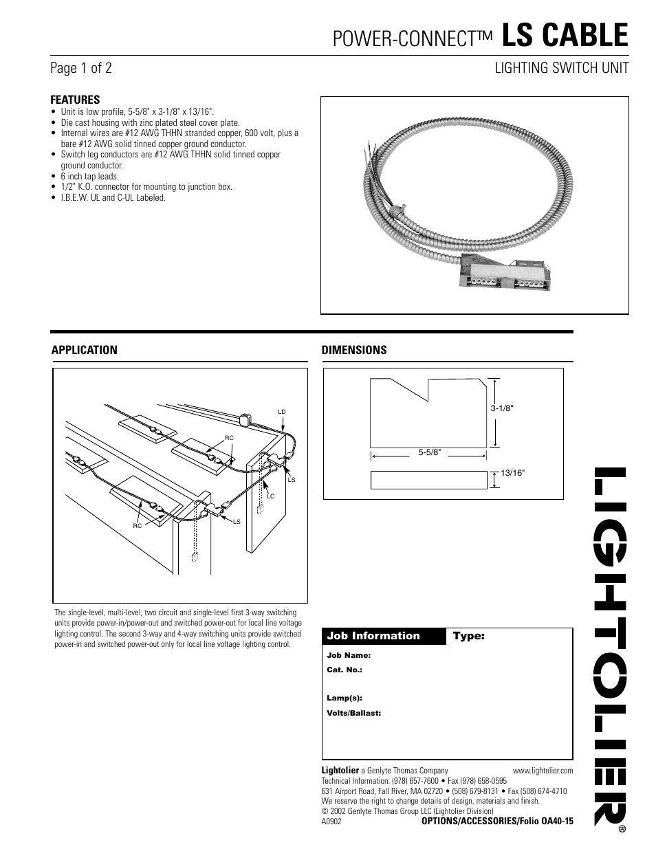 Lightolier Power Connect LS Cable User Manual | 2 pages