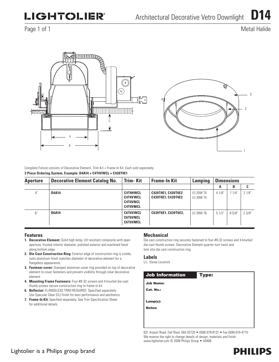 Lightolier Architectural Decorative Vetro Downlight D14 User Manual | 1 page