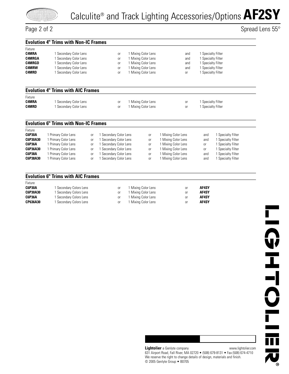 Af2sy, Calculite, And track lighting accessories/options | Page 2 of 2 spread lens 55, Evolution 4" trims with non-ic frames, Evolution 6" trims with non-ic frames, Evolution 4" trims with aic frames, Evolution 6" trims with aic frames | Lightolier AL2HC User Manual | Page 2 / 2