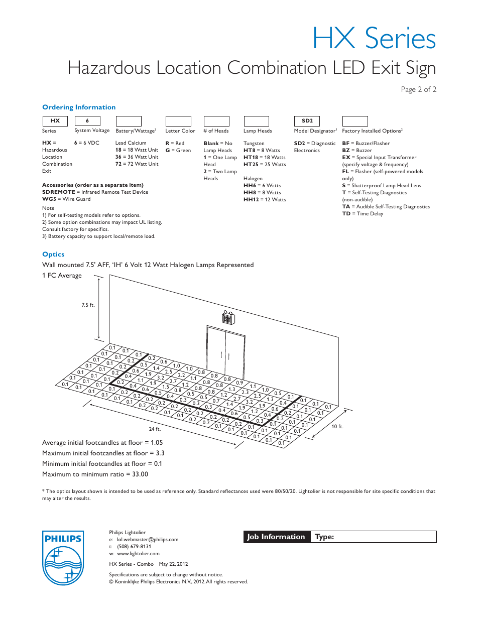 Hx series, Hazardous location combination led exit sign, Page 2 of 2 | Job information type | Lightolier HX Series User Manual | Page 2 / 2