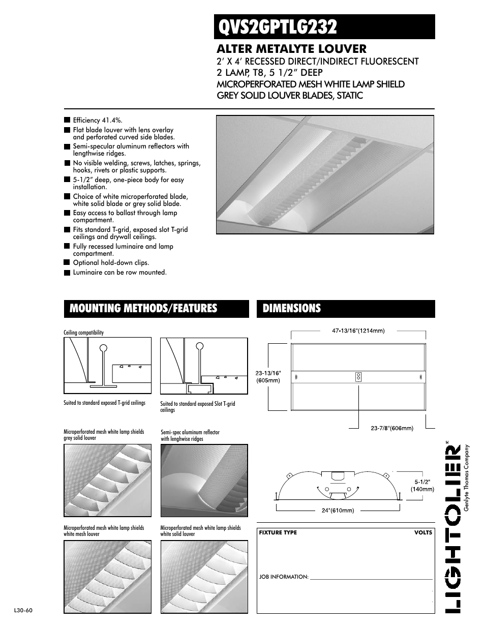 Lightolier Alter Metalyte Louver QVS2GPTLG232 User Manual | 2 pages