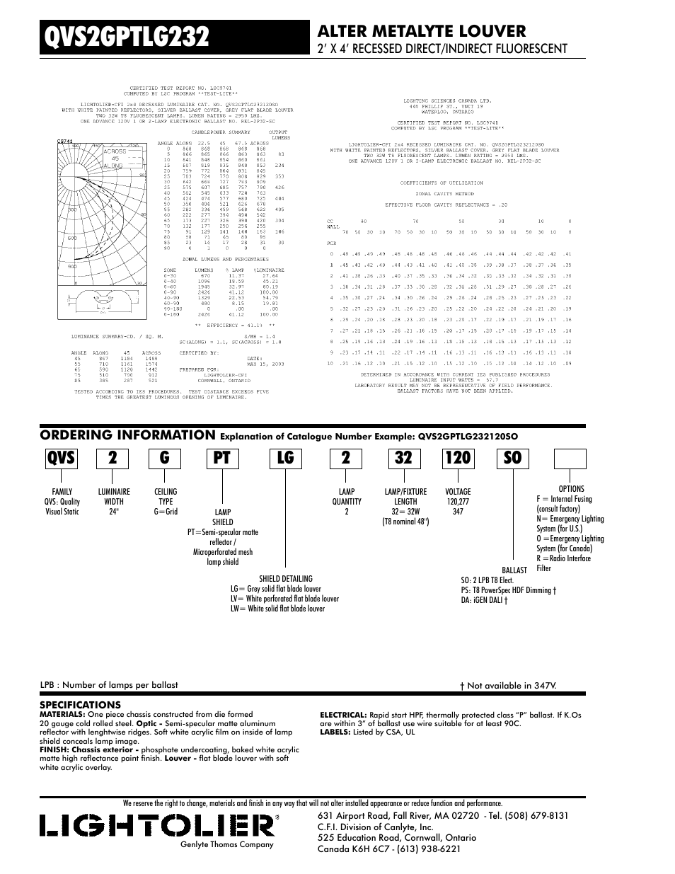 Qvs2gptlg232, Lg 2 32, Alter metalyte louver | Ordering information, 2’ x 4’ recessed direct/indirect fluorescent | Lightolier Alter Metalyte Louver QVS2GPTLG232 User Manual | Page 2 / 2