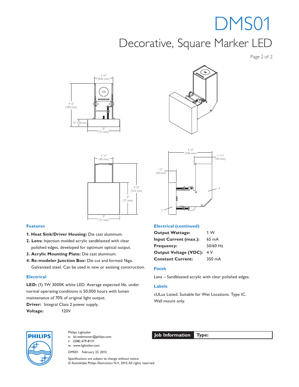 Dms01, Decorative, square marker led | Lightolier Architectural Decorative DMS01 User Manual | Page 2 / 2