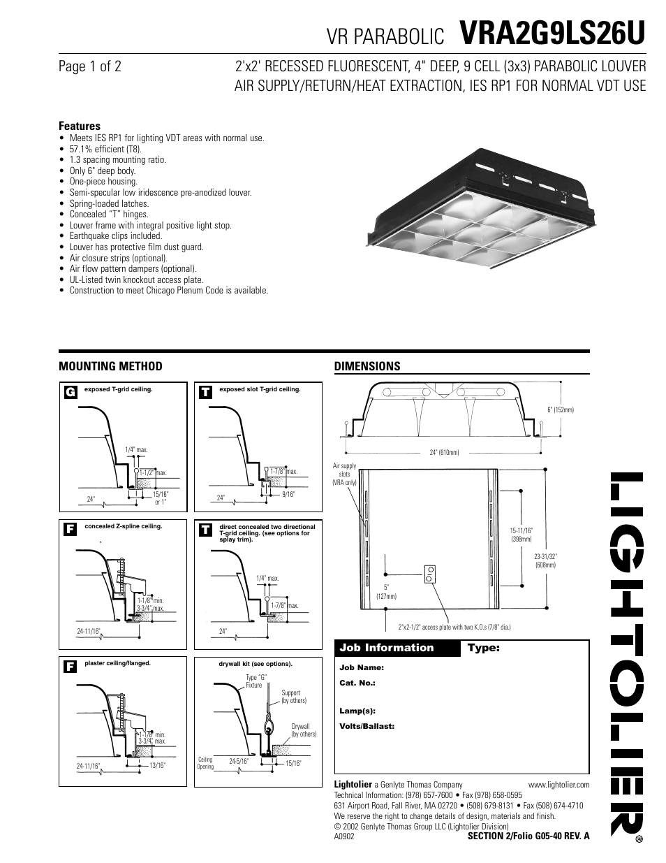 Lightolier VR Parabolic VRA2G9LS26USO User Manual | 2 pages