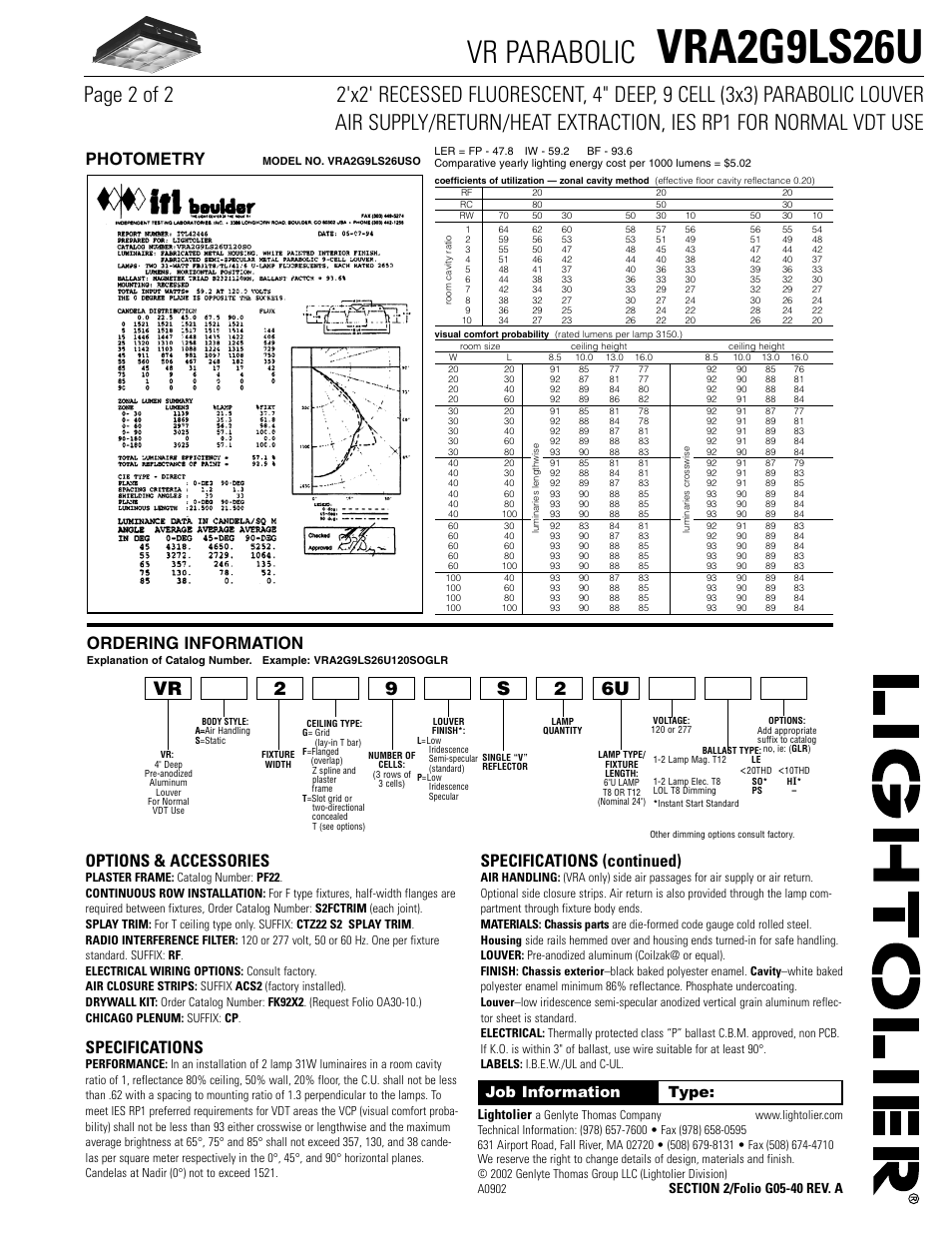 Vra2g9ls26u, Vr parabolic, Options & accessories | Specifications, Specifications (continued), Photometry, Ordering information, Job information type, Lightolier | Lightolier VR Parabolic VRA2G9LS26USO User Manual | Page 2 / 2