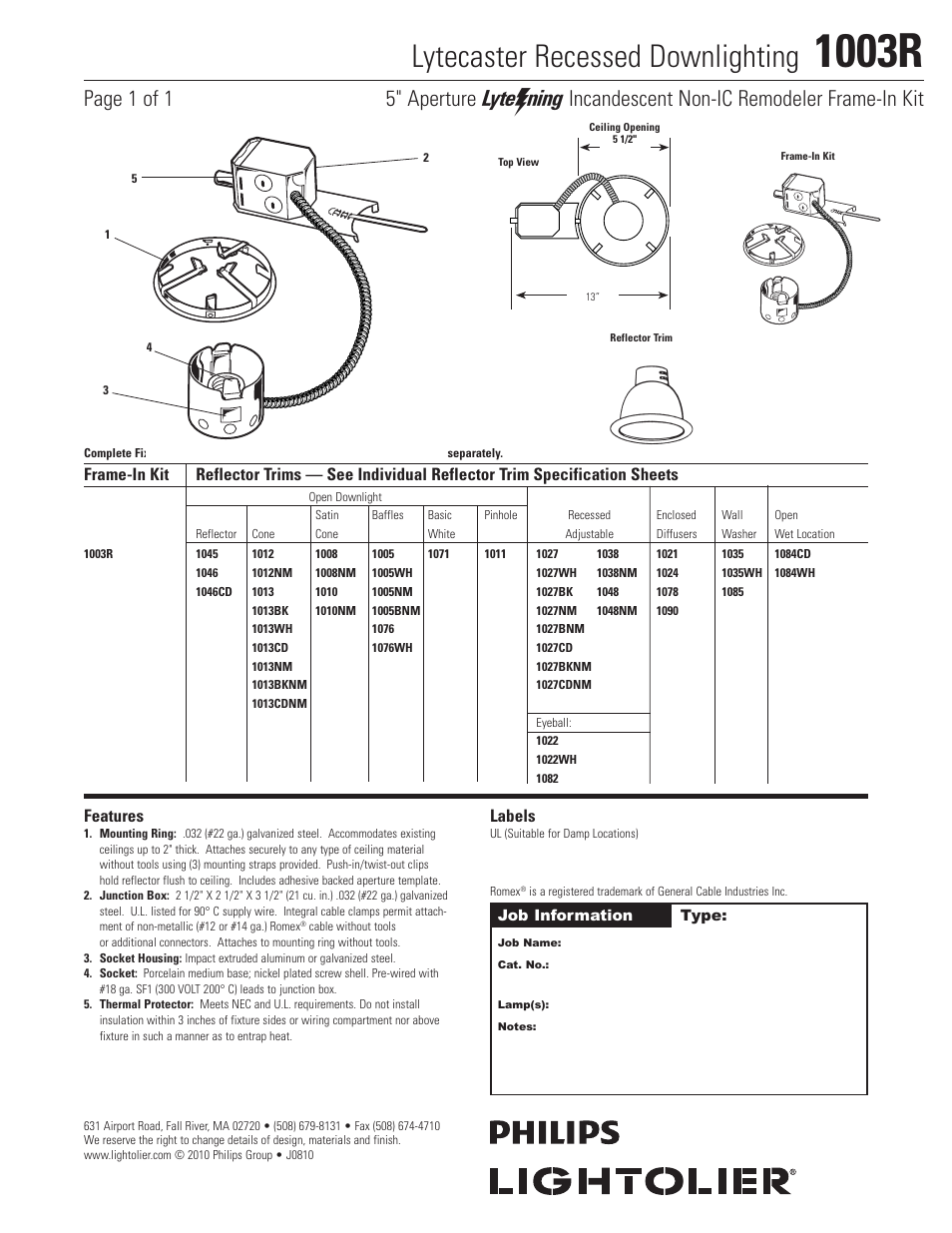 Lightolier 1003R User Manual | 1 page