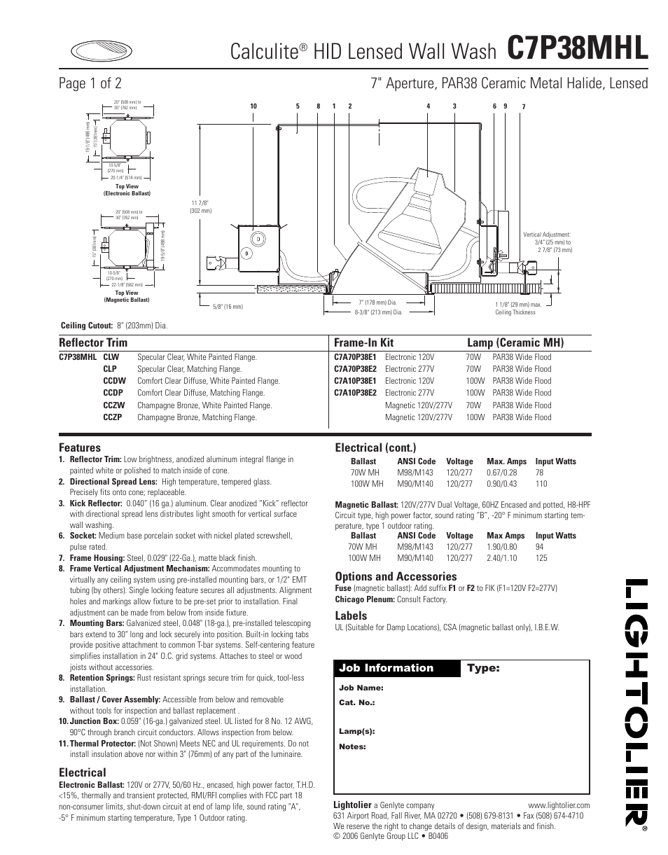Lightolier Calculite HID Lensed Wall Wash C7P38MHL User Manual | 2 pages