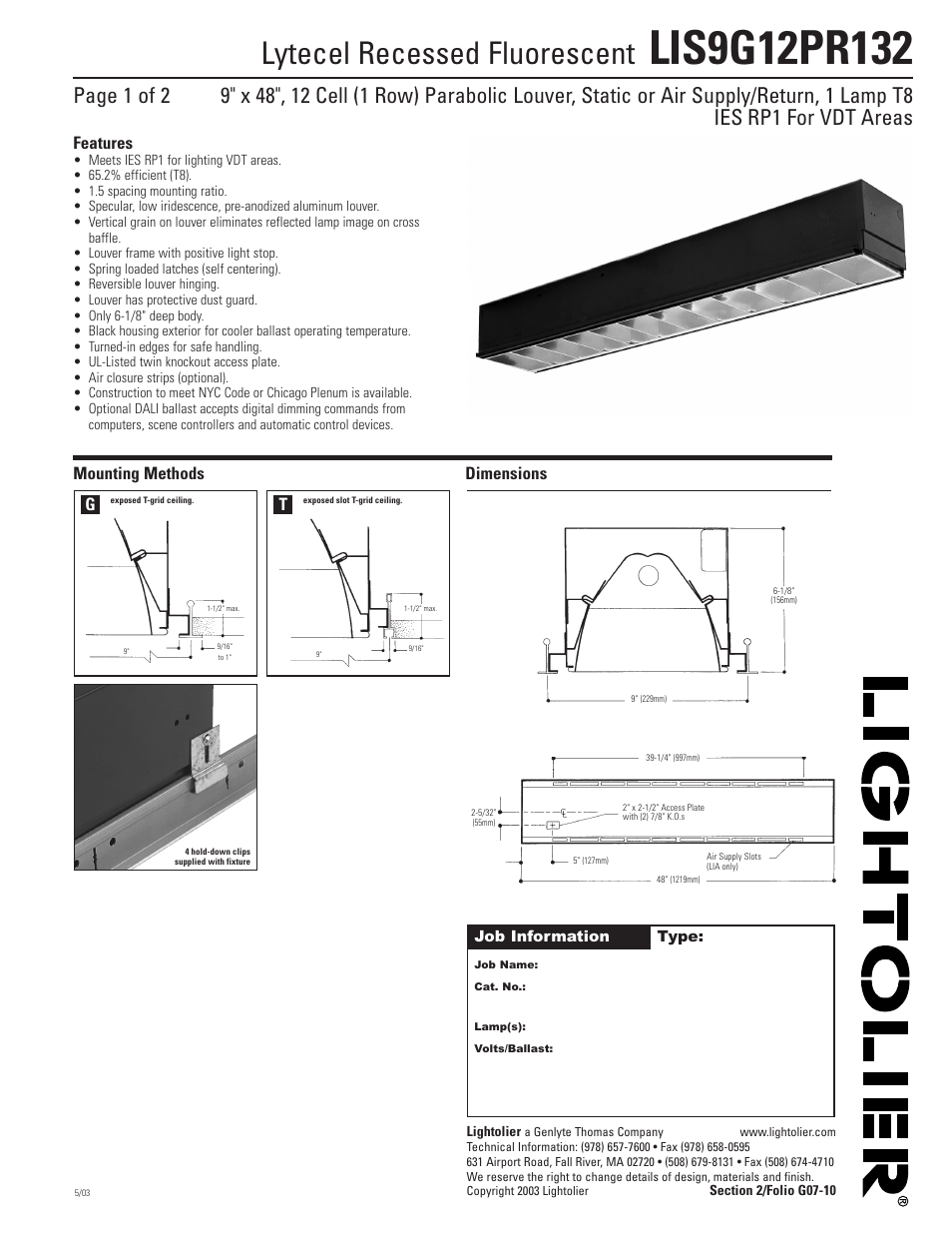 Lightolier Lytecel LIS9G12PR132 User Manual | 2 pages