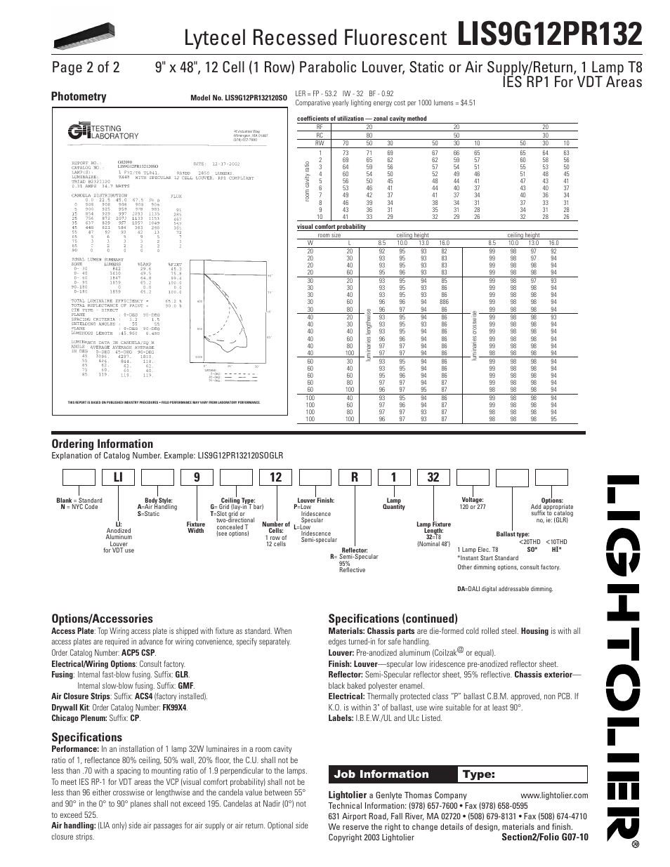 Lytecel recessed fluorescent, Ordering information, Options/accessories | Specifications, Specifications (continued), Photometry, Job information type, Lightolier | Lightolier Lytecel LIS9G12PR132 User Manual | Page 2 / 2