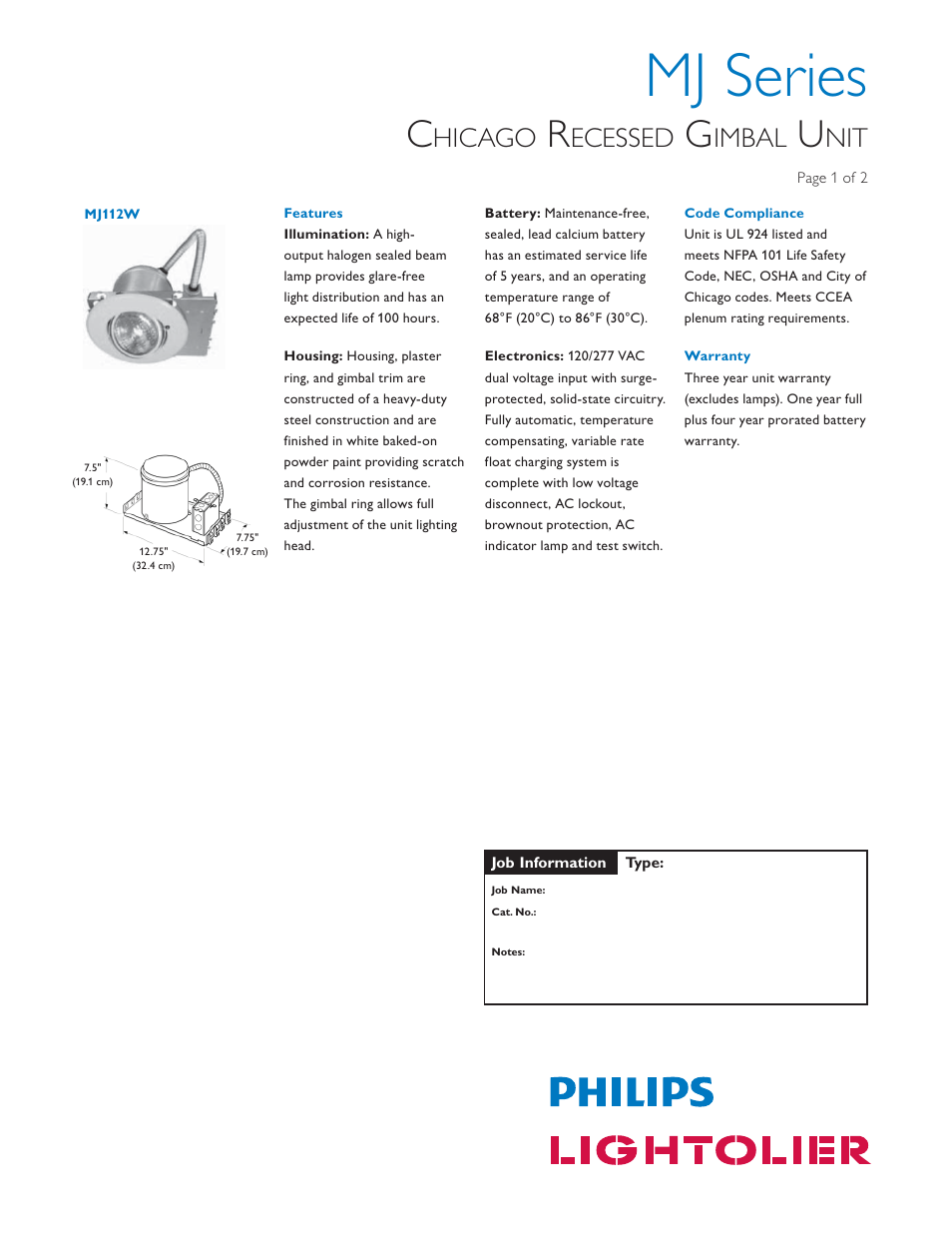 Lightolier Chicago Gimbal Unit MJ User Manual | 2 pages