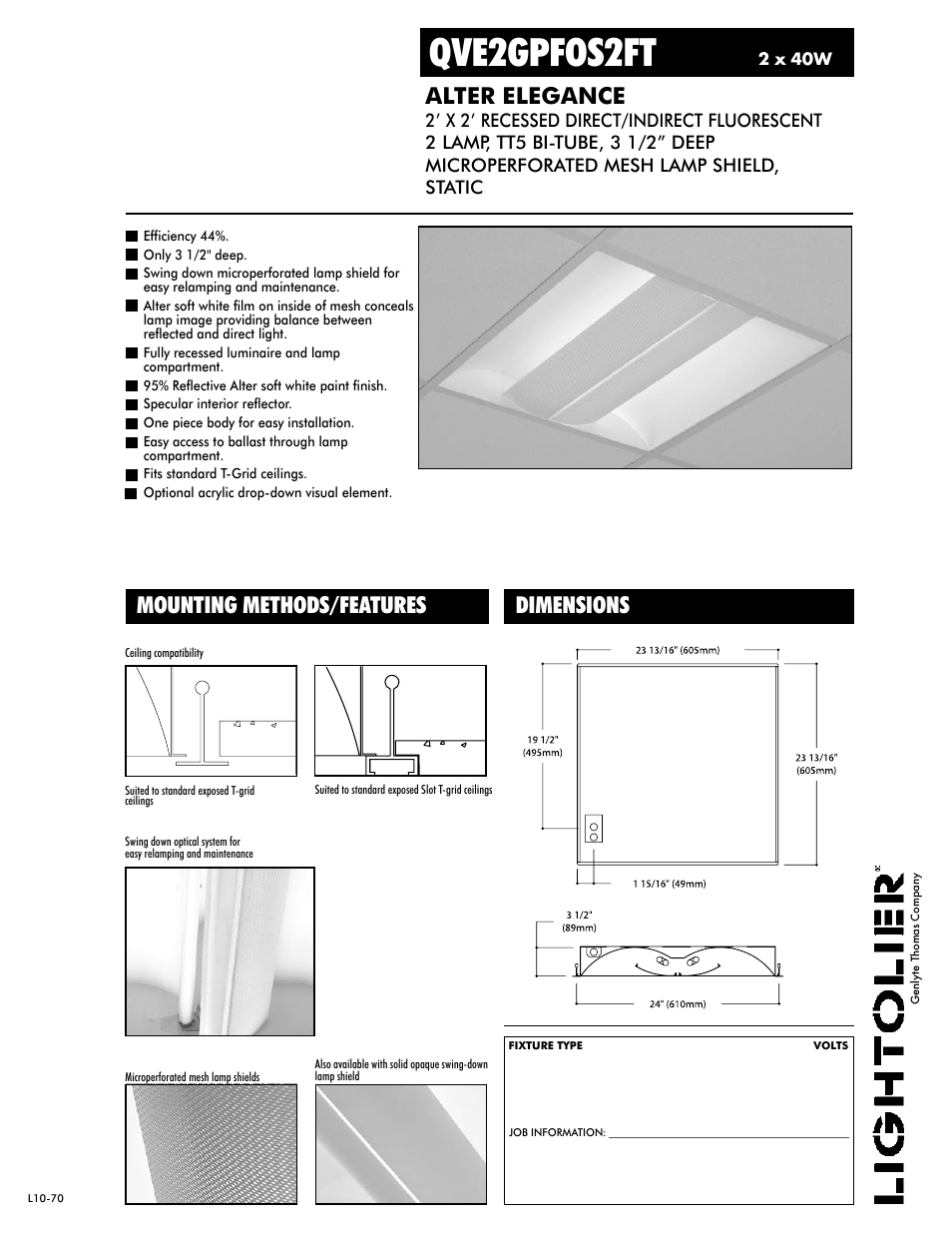 Lightolier Alter Elegance QVE2GPFOS2FT User Manual | 2 pages