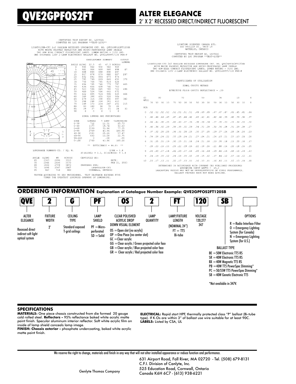 Qve2gpfos2ft, Os 2 ft, Alter elegance | Ordering information, 2’ x 2’ recessed direct/indirect fluorescent | Lightolier Alter Elegance QVE2GPFOS2FT User Manual | Page 2 / 2