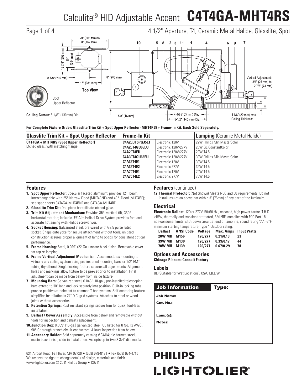 Lightolier Calculite HID Adjustable Accent C4T4GA-MHT4RS User Manual | 4 pages