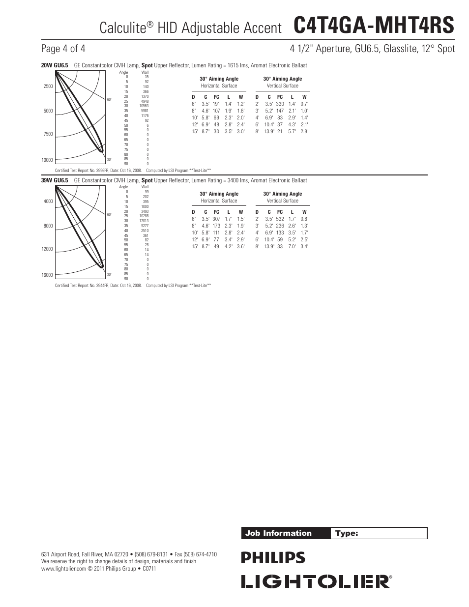 C4t4ga-mht4rs, Calculite, Hid adjustable accent | Job information type | Lightolier Calculite HID Adjustable Accent C4T4GA-MHT4RS User Manual | Page 4 / 4